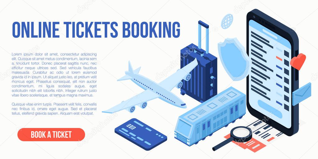 Online tickets booking travel concept background, isometric style