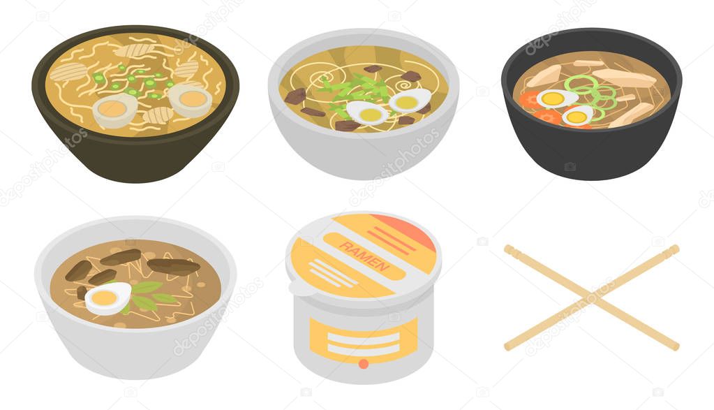 Ramen icons set. Isometric set of ramen vector icons for web design isolated on white background