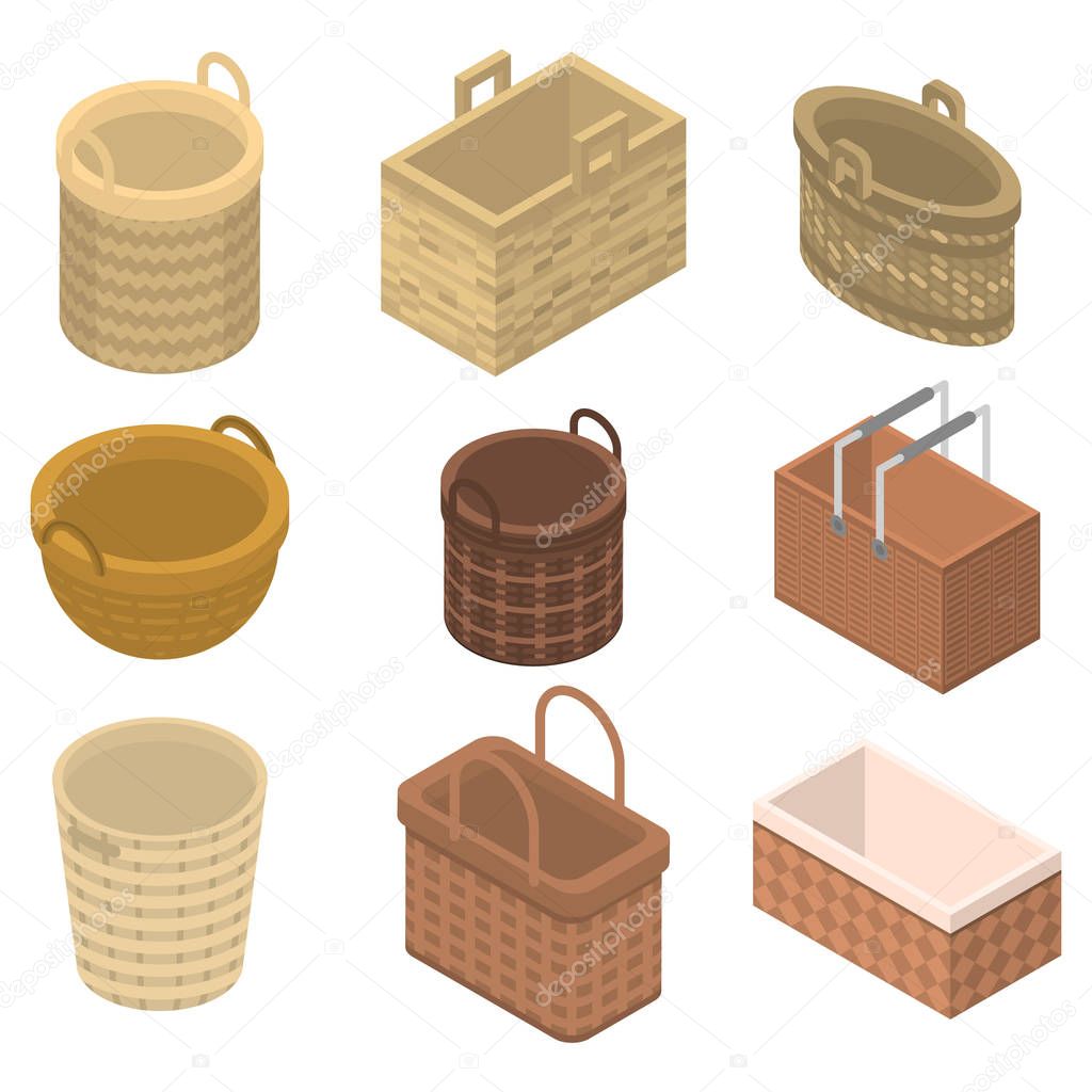 Wicker icons set. Isometric set of wicker vector icons for web design isolated on white background