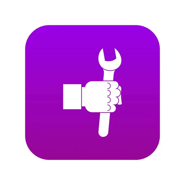 Wrench tool in man hand icon digital purple — Stock Vector