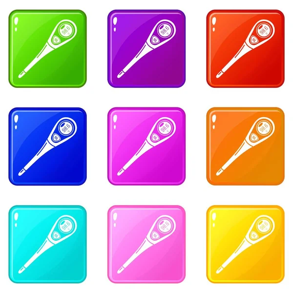 Set de iconos de termómetro de diagnóstico 9 colección de colores — Vector de stock