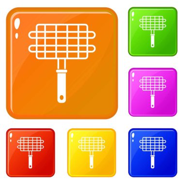 Paslanmaz barbekü ızgara kamp sepeti simgeleri vektör renk ayarlamak