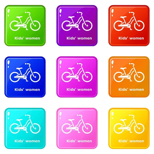 키즈 여성 자전거 아이콘 세트 9 색 컬렉션 — 스톡 벡터