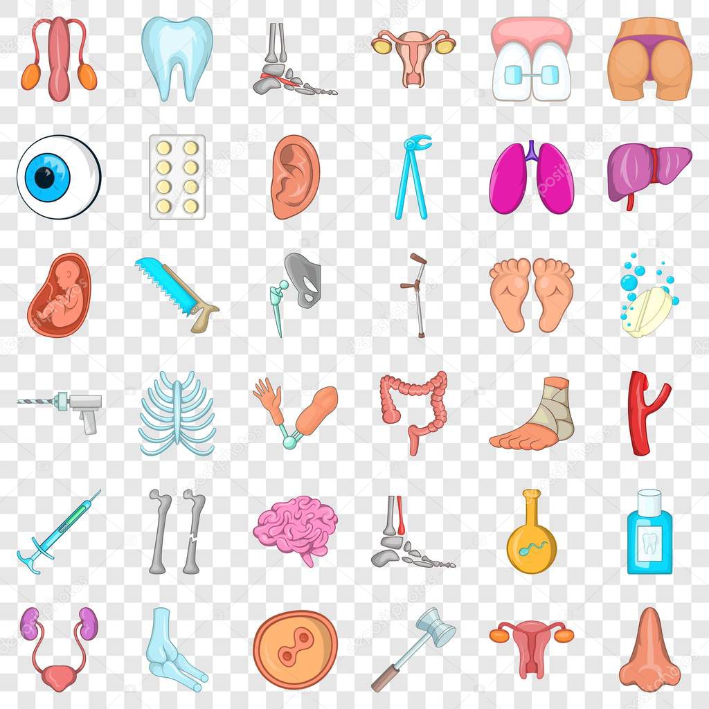 Body icons set. Cartoon style of 36 body vector icons for web for any design