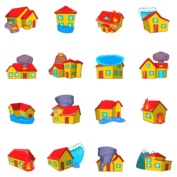 Ensemble d'icônes de maison détruites, style dessin animé — Image vectorielle