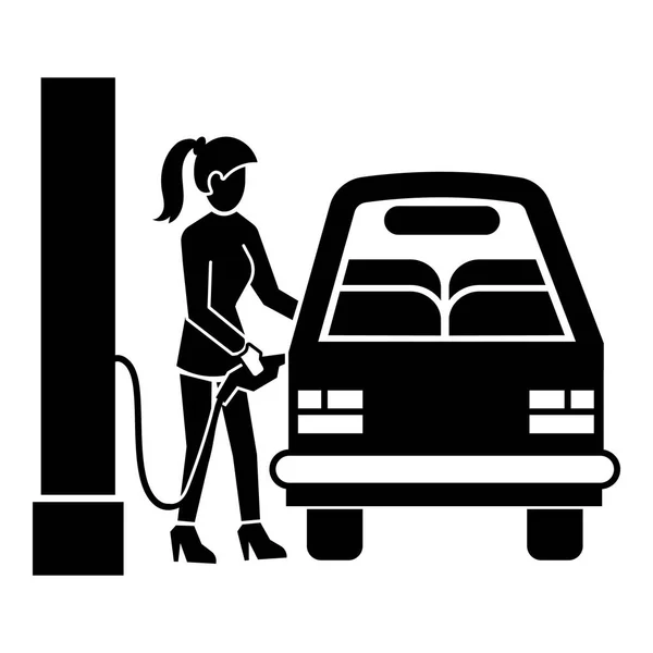 Girl fill up car icon, simple style — Stock Vector