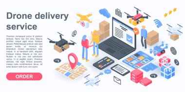 Şehir drone teslimat hizmeti konsept afiş, isometrik tarzı