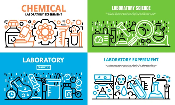 Conjunto de banner de ciencia de experimento de laboratorio químico, estilo de esquema — Archivo Imágenes Vectoriales