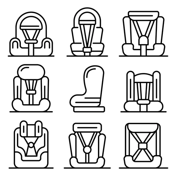 Nastavení ikon dětské autosedačky, styl obrysu — Stockový vektor