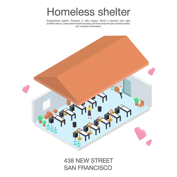 Rifugio per senzatetto volontario concetto banner, stile isometrico — Vettoriale Stock