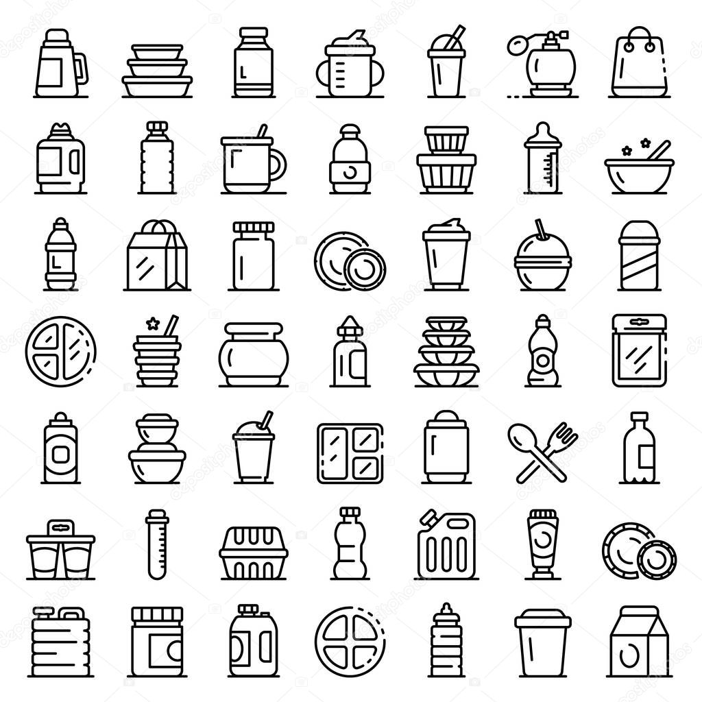 Plastic tableware icons set. Outline set of plastic tableware vector icons for web design isolated on white background