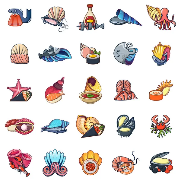 Fisk och skaldjur ikoner set, tecknad stil — Stock vektor