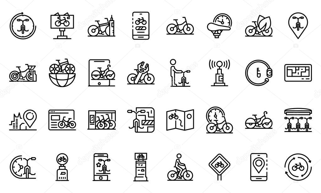 Rent a bike icons set, outline style