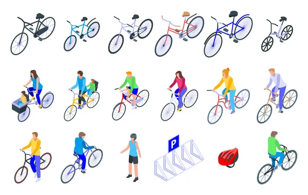 Kerékpár családi ikonok készlet, izometrikus stílus — Stock Vector