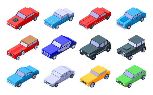 Conjunto de iconos antiguos de coche, estilo isométrico — Vector de stock
