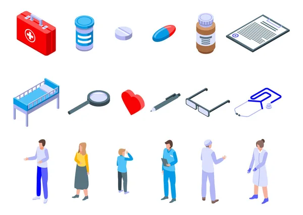 Conjunto de iconos de la clínica de salud familiar, estilo isométrico — Archivo Imágenes Vectoriales