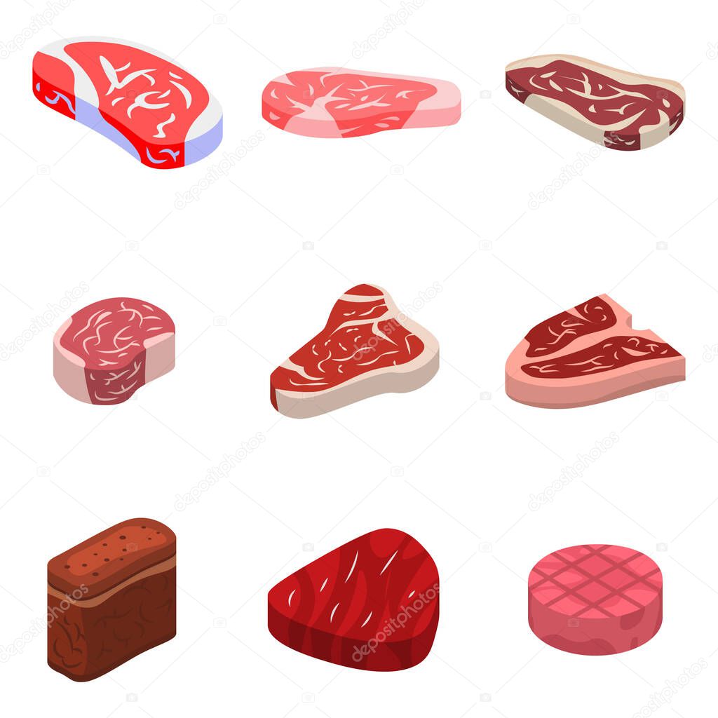 Steak icons set. Isometric set of steak vector icons for web design isolated on white background