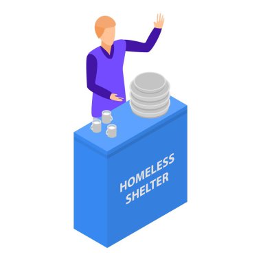 İnsanlar evsizlere yemek veriyor, ikon, izometrik tarzda.