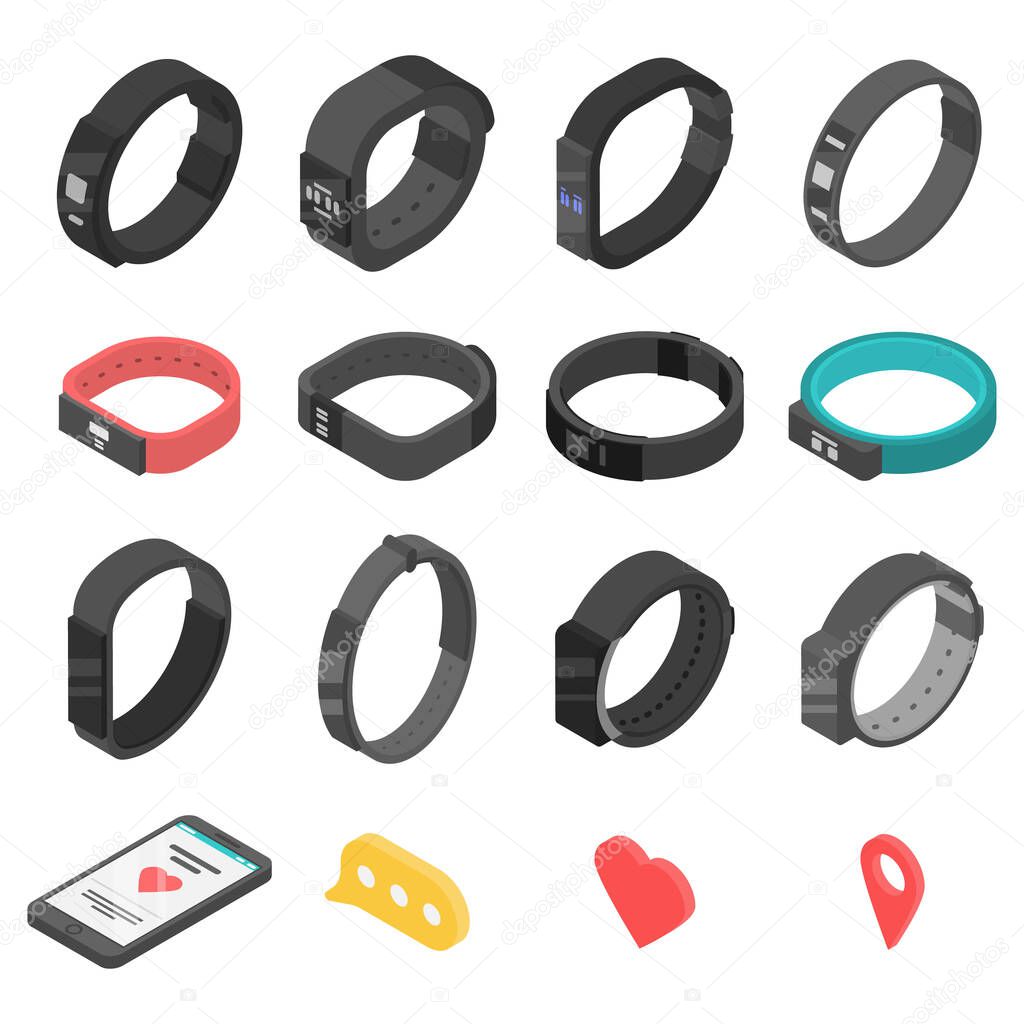Fitness bracelet icons set, isometric style