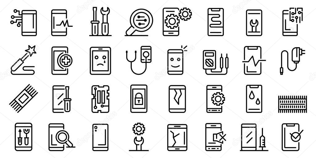 Mobile phone repair icons set, outline style