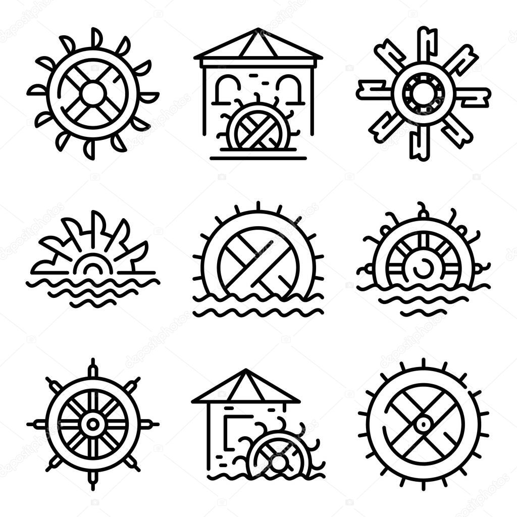 Water mill icons set, outline style