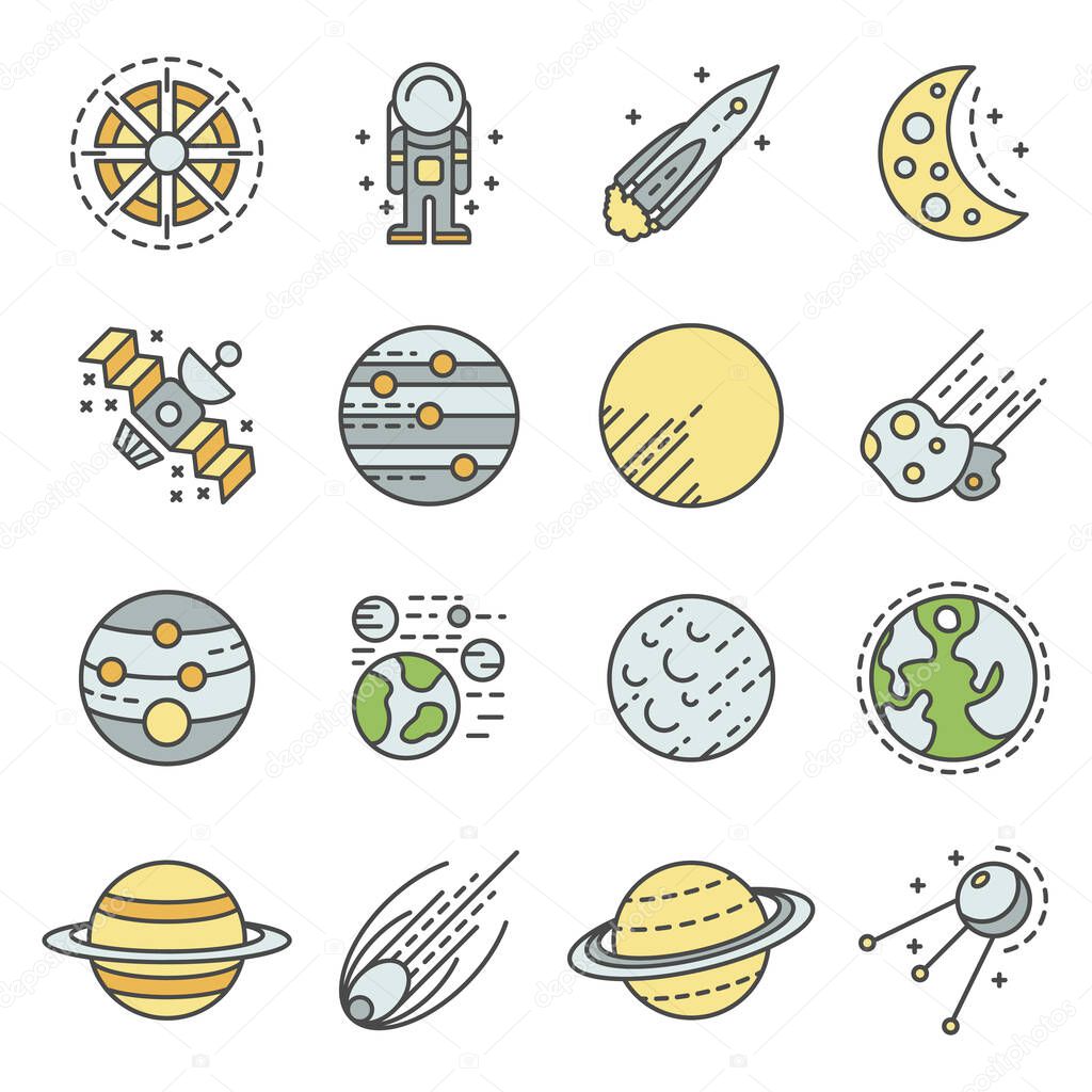 Planets icon set, outline style
