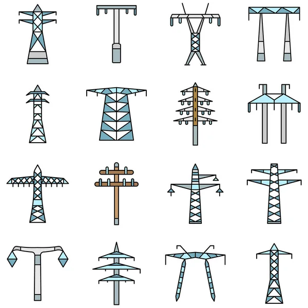 Conjunto de ícones de torre elétrica, estilo de contorno — Vetor de Stock