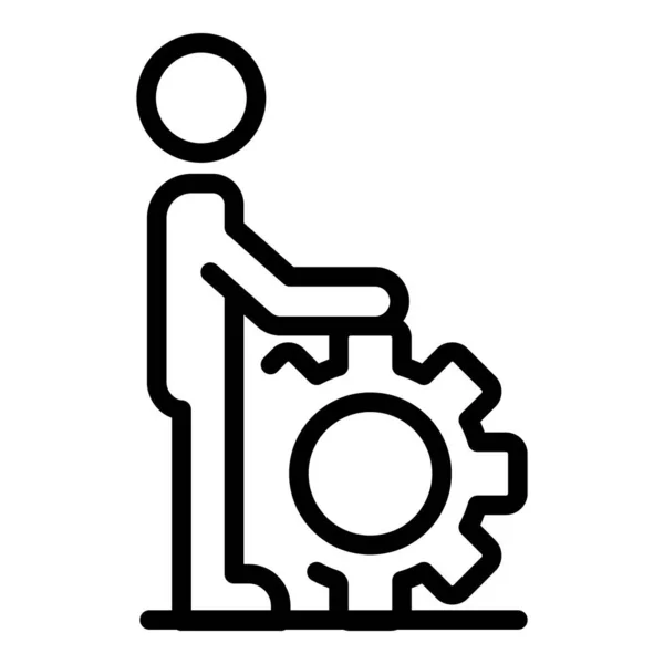 El hombre toma el icono de rueda de engranaje, estilo de esquema — Vector de stock