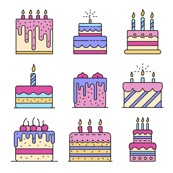 Gâteau anniversaire icônes définir ligne vecteur de couleur — Image vectorielle