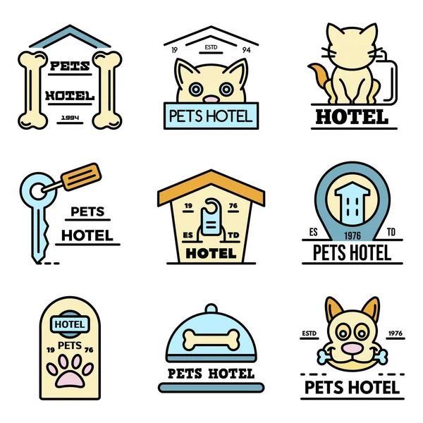 Mascotas hotel iconos set line vector de color — Vector de stock