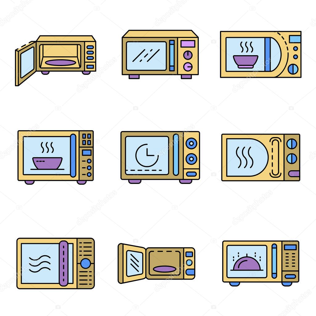 Microwave icons set. Outline set of microwave vector icons thin line color flat isolated on white