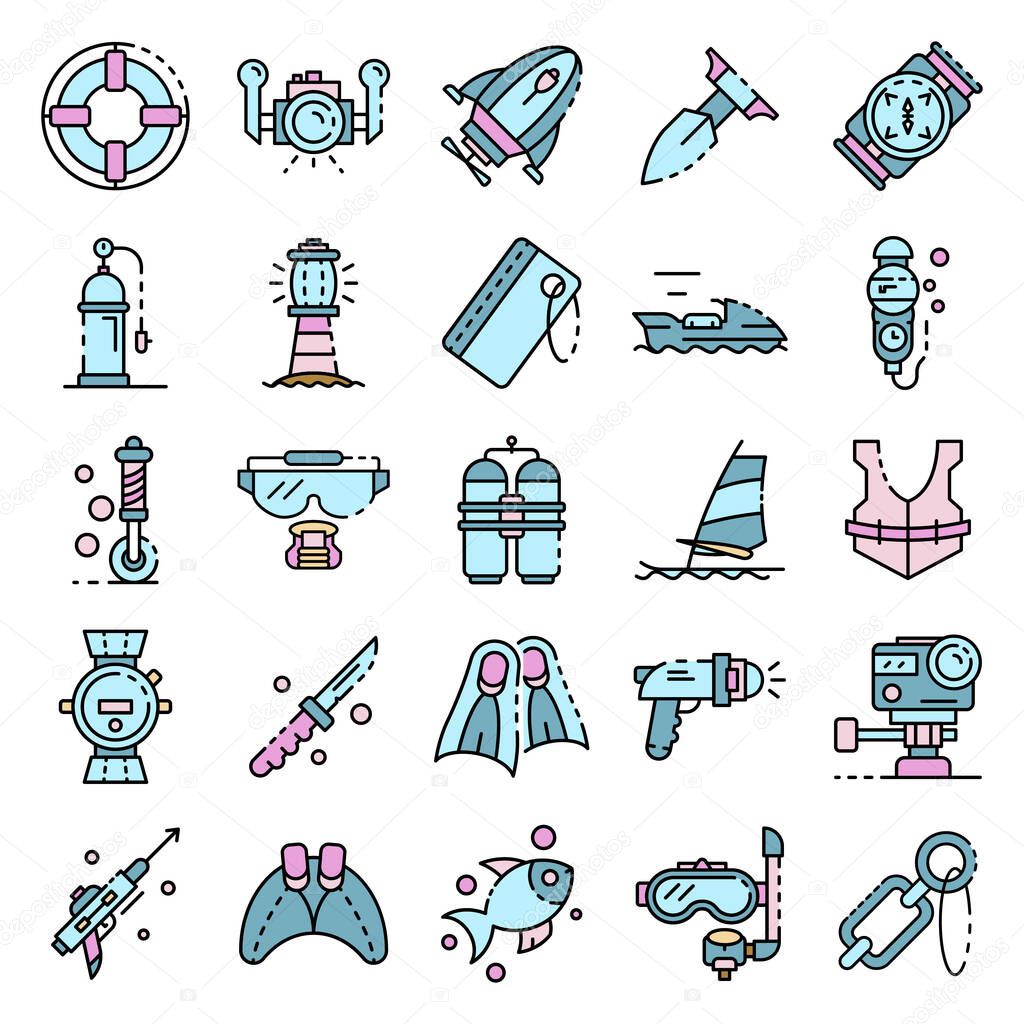 Snorkeling equipment icons set line color vector