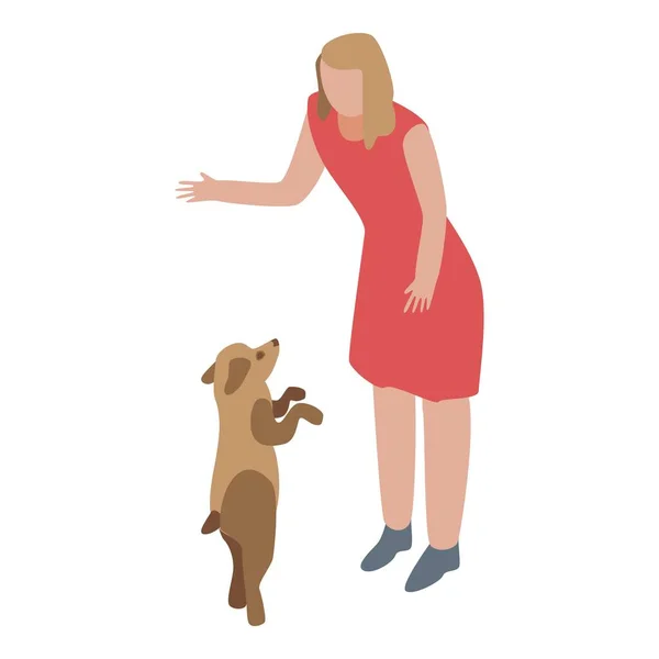 Kadın yavru köpek ikonunu alır, izometrik tarzda. — Stok Vektör
