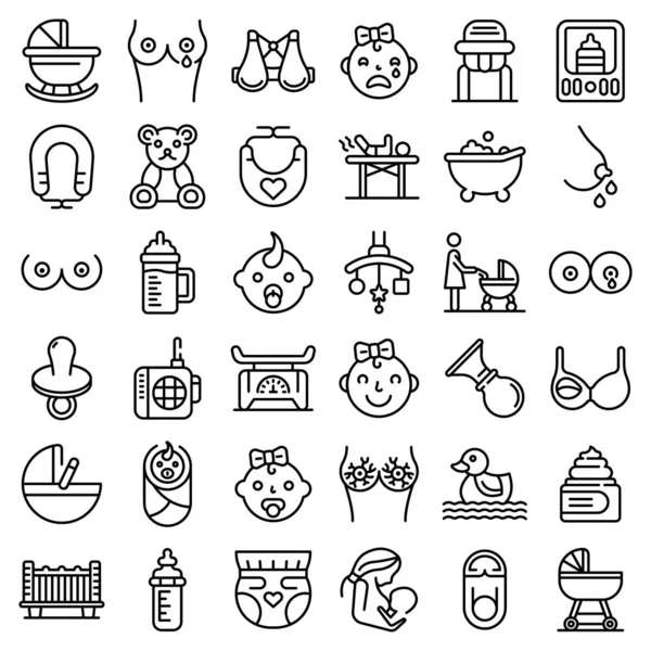 Breast-feeding icons set, outline style — Stock Vector