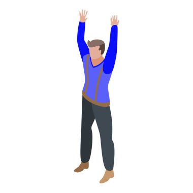 Erkek çocuk ikon, izometrik tarzda ellerini havaya kaldırır