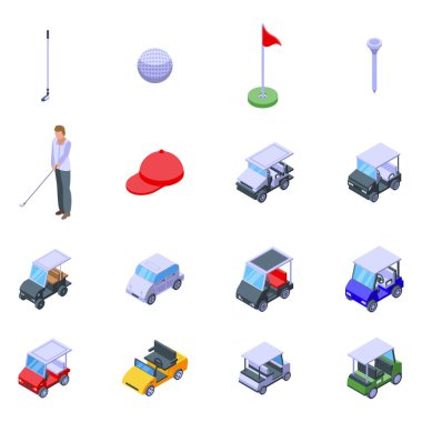Golf arabası simgeleri ayarlandı, izometrik biçim