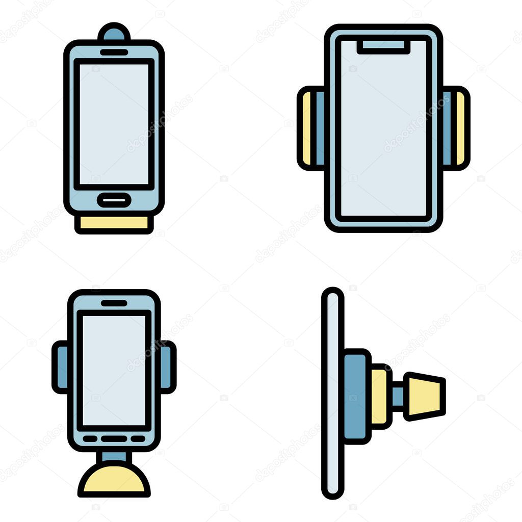 Mobile phone holder icons set. Outline set of mobile phone holder vector icons thin line color flat on white