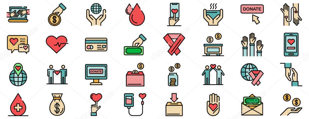 Donations icons set. Outline set of donations vector icons thin line color flat on white