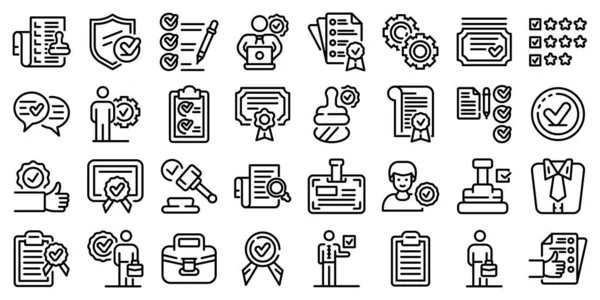 Conjunto de iconos de garantía de calidad, estilo de esquema — Archivo Imágenes Vectoriales