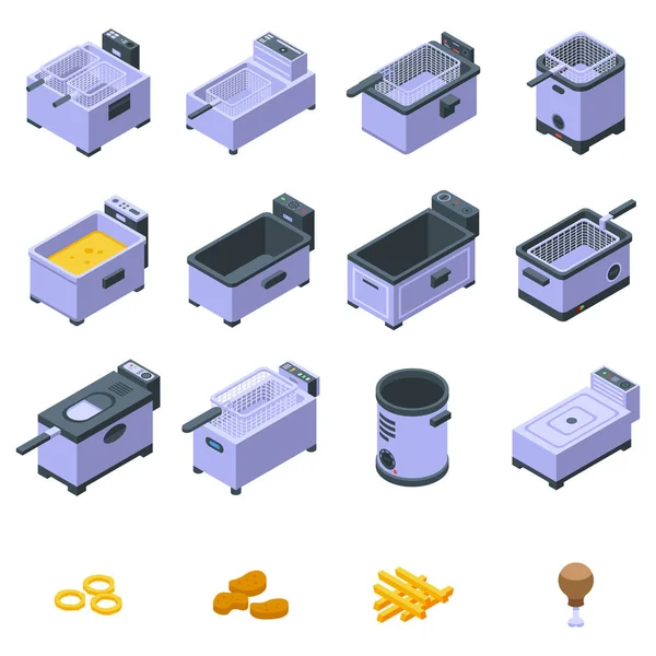 Icônes de friteuse ensemble, style isométrique — Image vectorielle