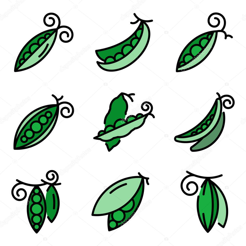 Peas icons set. Outline set of peas vector icons thin line color flat on white