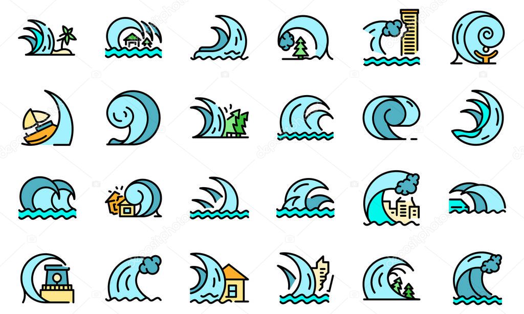 Tsunami icons set. Outline set of tsunami vector icons thin line color flat on white