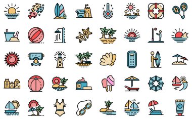 Sahil manzarası simgeleri vektörü düzleştirin