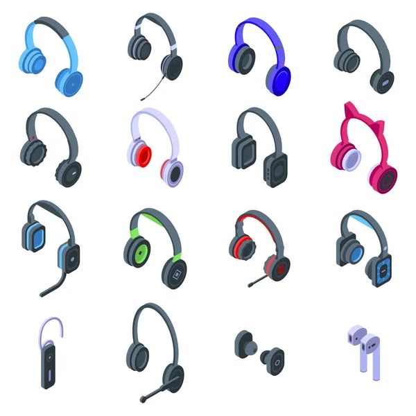 Zestaw ikon zestawu słuchawkowego, styl izometryczny — Wektor stockowy