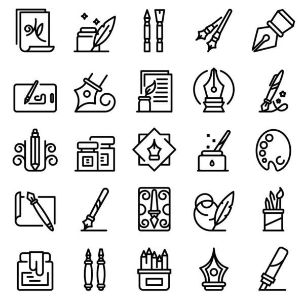 Set icone strumenti di calligrafia, stile contorno — Vettoriale Stock