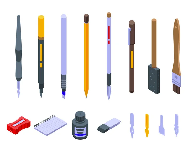 Kalligrafie tools iconen set, isometrische stijl — Stockvector