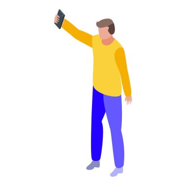 Turistler selfie ikonu yapar, izometrik tarzda.