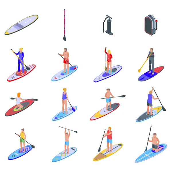 Sup surfing icons set, isometric style — Stock Vector