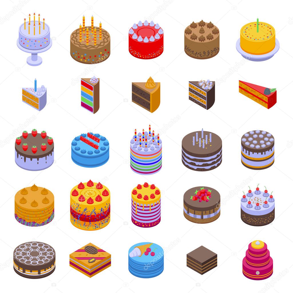 Cake icons set, isometric style