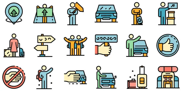 Hitchhiking iconos conjunto vector plano — Archivo Imágenes Vectoriales